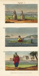 The Great Ruins of the Colossi of Memnon in Luxor in South Egypt, Raft of Earthenware Pitchers on the Nile, and Women Carrying Water Pitchers on Their Heads