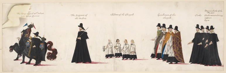 The horse trapped with velvet, led by two equerries; the Sargeant of the Vestrie; Children of the Chapel Royal. Part of the funeral procession of Queen Elizabeth I to Westminster Abbey, 28 April 1603