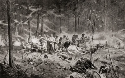The last stand of Major Allan Wilson on the Shangani River, Matabeleland, during the First Matabele War in 1893, after the painting by Allan Stewart, from 