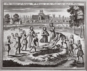 The manner of burying William Wiseman in the fields, who died in prison, illustration from Foxe
