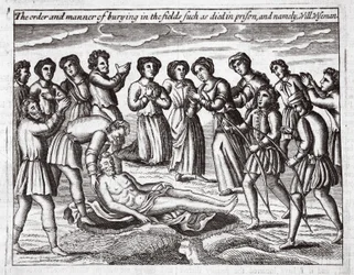 The order and manner of burying in the fields such as died in prison, and namely, Will Wiseman, illustration from Acts and Monuments by John Foxe, ninth edition, published 1684