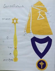 The robe (with the symbol of the Order) and regalia of the Secretary (Cancellarius) of the Hermetic Order of the Golden Dawn, c.1895