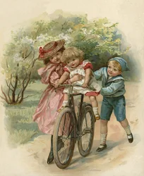 Three Children Playing with a Bicycle