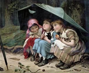 Three Little Kittens (Girls and Kittens Squeezing Under an Umbrella) - English Chromolithography