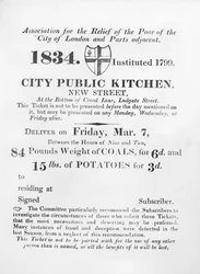 Ticket issued to the poor to receive coal and potatoes from the City public Kitchen, New Street, London, 1834