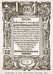 Titlepage to the Thirty-Nine Articles, 1571, illustration from The Church of England: A History for the People by H.D.M. Spence-Jones