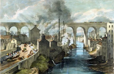 Train crossing Stockport Viaduct on London & North Western Railway, c.1845