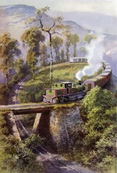 Train rounding Agony Point, a loop on the Darjeeling Himalayan Railway, India