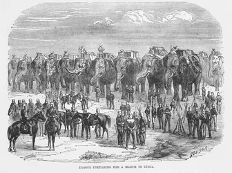 Troops preparing for a march in India