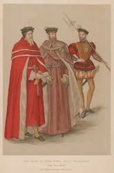 Two Peers in Their Robes and a Halberdier in the Elizabethan Era