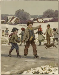 Two Young Boys Skating on a Frozen Lake
