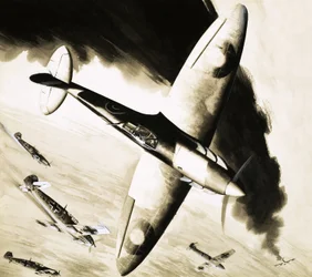 Unidentified Spitfire in Dogfight with German Fighters