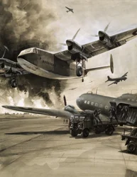 Unidentified aircraft with town aflame in background