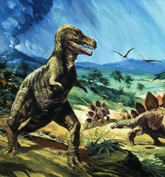 Unidentified Dinosaur Scene with T-Rex and Stegosaurus
