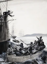 Unidentified Sailors (Mutineers) in Rowing Boat with Captain Shaking Fist