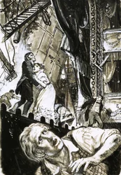 Unidentified Theatre Scene as a Lighting Rig Falls Towards Actors on Stage