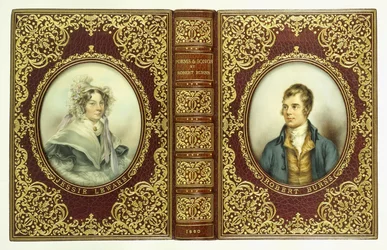 Upper and lower covers, and spine, with oval portraits of Robert Burns and Jessie Lewars