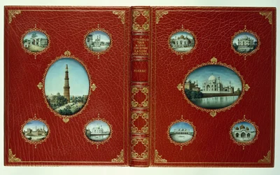 Upper and lower covers, ten oval miniatures of Mosques, with gilt borders