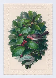 Victorian Christmas and New Year Card of a Robin in a Bouquet of Holly Leaves, c.1880