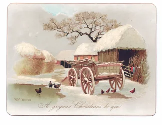 Victorian Christmas Card of Ducks and Chicken Near a Pond in a Farmyard, c.1880