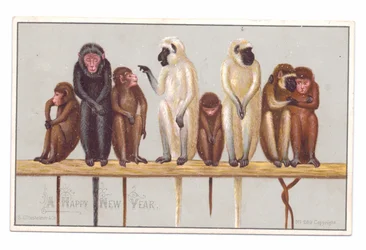 Victorian New Year Card with Eight Monkeys on a Ledge, c.1880