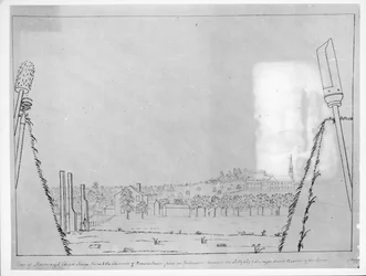 View of Roxborough Church, Kings Arms and the chimneys of Browns House, from an embrasure between the sally port and the right hand bastion of the lines, 1776