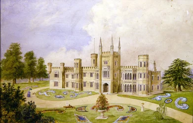View of a Gothic Style Country House with a Formal Garden, c.1840