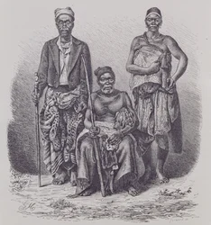 Village chief of the Loango Coast, with wife and dignitary, engraved from a photograph by Dr. Falkenstein, from 