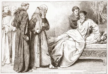 Wicliffe and the monks: scene in the bed-chamber, illustration from The History of Protestantism by James Aitken Wylie, 1878