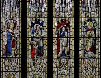 Window Ew depicting St Ethelbert, St Anne and the Virgin, Joachim, St Thomas of Hereford
