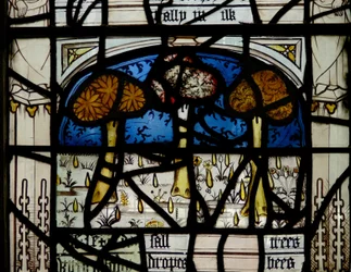 Window N3 depicting the Last Fifteen Days of the World (the Pryke of Conscience window): the trees catch fire