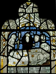 Window N3 depicting the Last Fifteen Days of the World (the Pryke of Conscience window): Death visits everyone