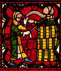 Window depicting a barrel seller