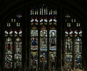 Window depicting the east window of the Beauchamp Chapel; it was vandalised by the Puritans in 1643, but has been very skillfully restored, with certain figures being reconstituted from fragments