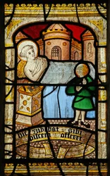 Window 5 depicting St Neot is ill and demands a fish