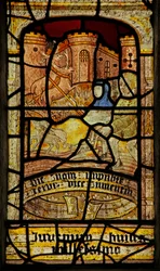 Window 5 depicting St Neot ploughing with the help of stags