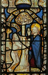Window 1 depicting God, Adam, the Tree of Knowledge