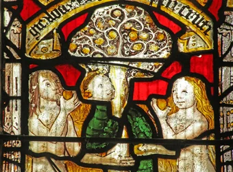 Window 1 depicting the Adam and Eve story: the Serpent beguiles