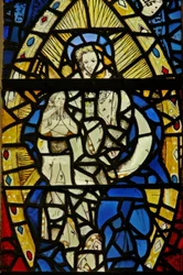 Window depicting the Woman Clothed with the Sun and with the moon under her feet with the Man-child in the Book of Revelation; with jewels of inset glass