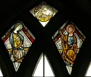 Window s6 depicting the bull (re St Luke?) and the Coronation of the Virgin