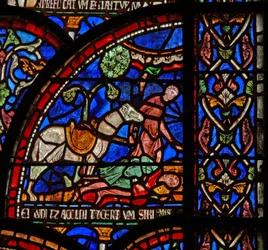 Window 7 depicting a scene from a St Thomas Becket Miracle window: William of Gloucester is buried but his voice is heard