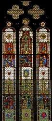 Window w31 depicting a composite window with St Edmund, St William, St George, Annunciation, Adoration of the Magi