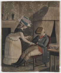 Woman stealing a stocking purse and pocket watch from a sleeping man, c.1790