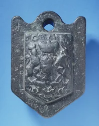 Wool-weight cast with the Stuart arms and stamped C.B