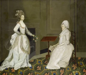 Two Ladies in an Interior, One Reading, the Other Holding a Garland of Flowers