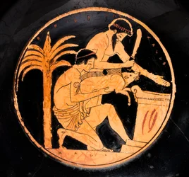 Bowl with Black Glaze and Red Figures: Scene of Sacrifice