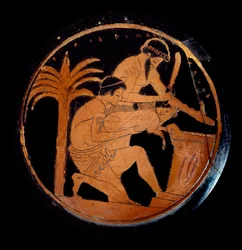 Greek Art: Cup with Red Figures in Ceramic, Medallion: Sacrifice of a Pig on an Altar During a Religious Rite