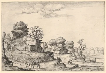 Landscape with Peasant Dwellings and a Man Leading a Horse in the Left Foreground
