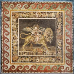 Dionysos as a child, on the back of a tiger, a garland with leaves and theatrical masks