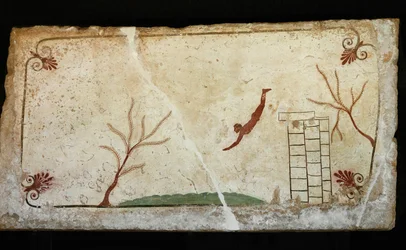 Diver jumping from a tower into the sea, an allegory